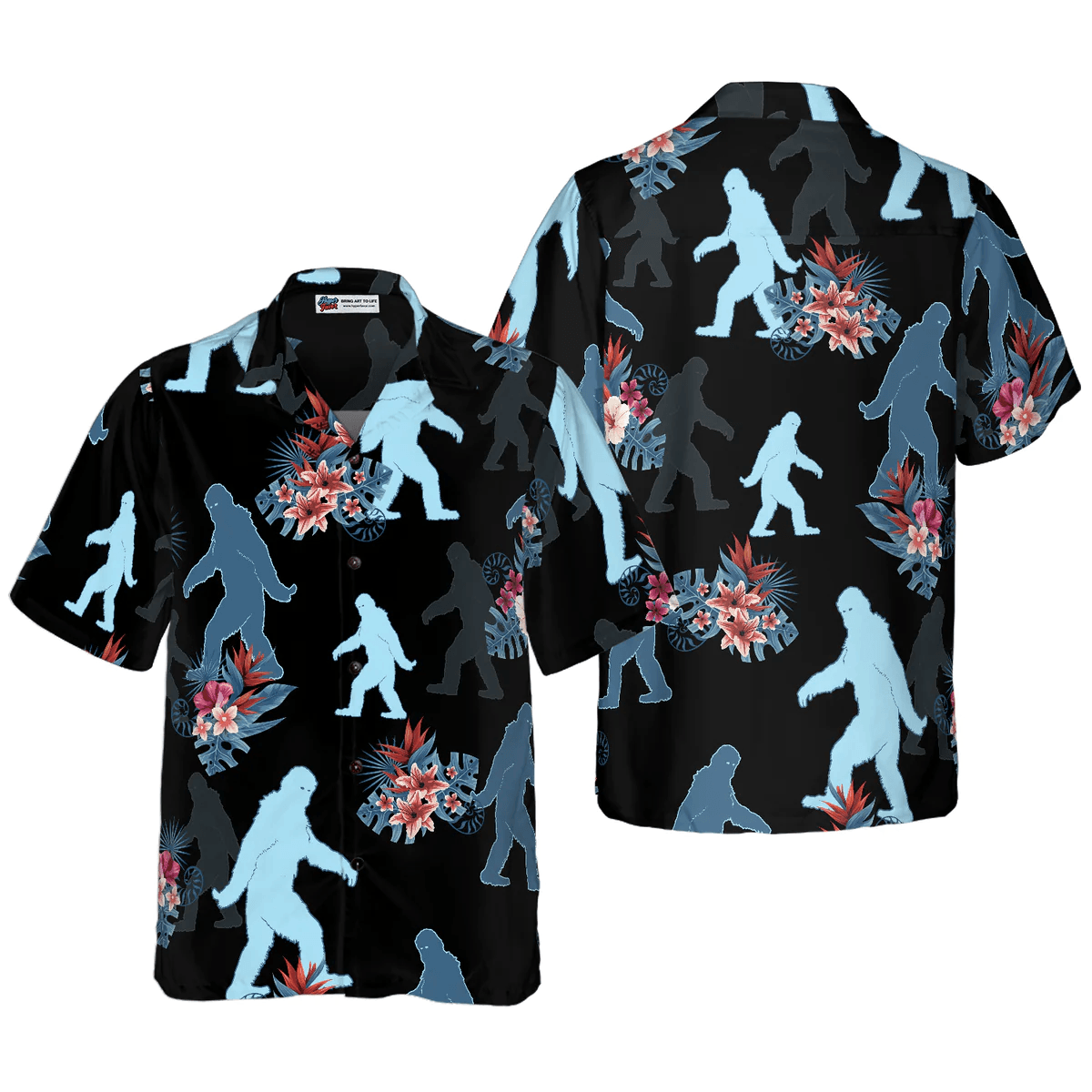 Bigfoot Hawaiian Shirt - The Tropical Leaves Bigfoot Hawaiian Shirt, Black Tropical Floral Bigfoot Hawaiian Shirt - Perfect Gift For Husband, Boyfriend, Friend, Family - Amzanimalsgift