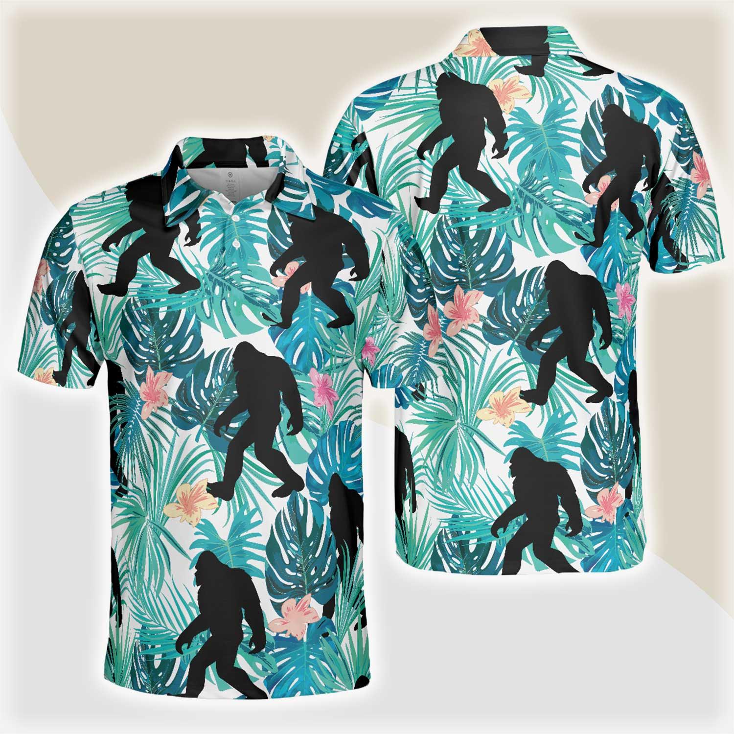 Bigfoot Men Polo Shirt, Tropical Floral And Leaves Polo Shirt, Best Bigfoot Shirt - Perfect Gift For Men, Family, Friends - Amzanimalsgift