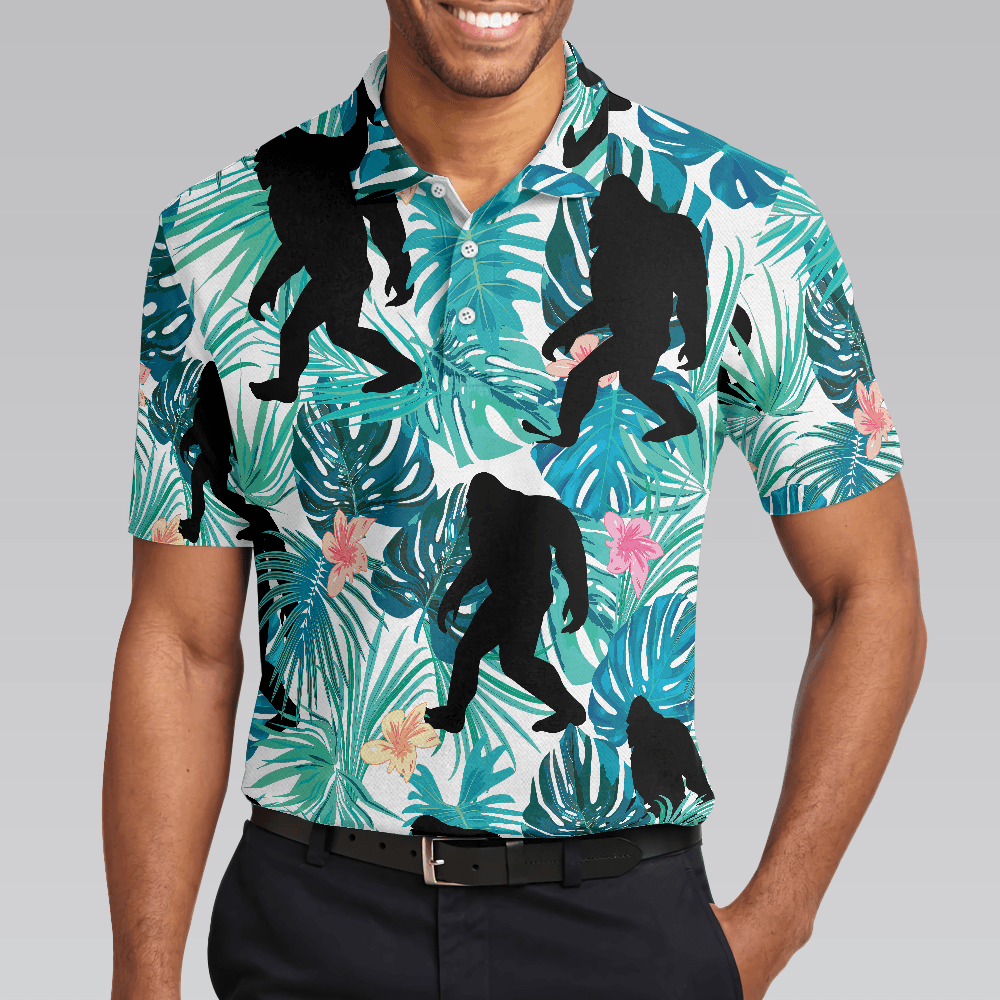 Bigfoot Men Polo Shirt, Tropical Floral And Leaves Polo Shirt, Best Bigfoot Shirt - Perfect Gift For Men, Family, Friends - Amzanimalsgift