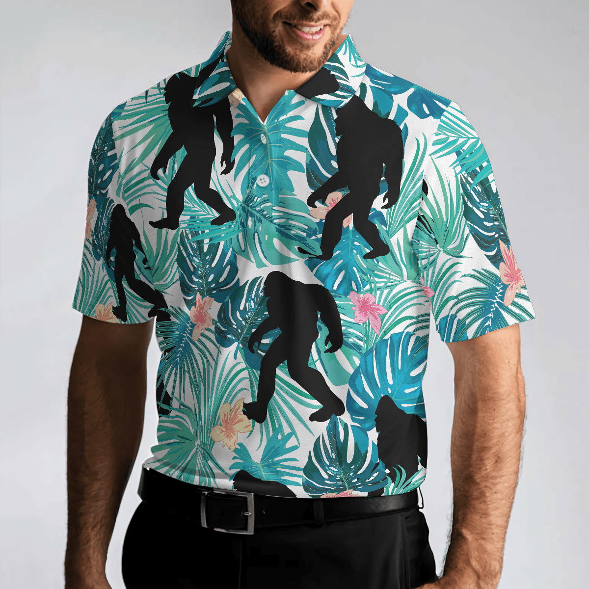 Bigfoot Men Polo Shirt, Tropical Floral And Leaves Polo Shirt, Best Bigfoot Shirt - Perfect Gift For Men, Family, Friends - Amzanimalsgift