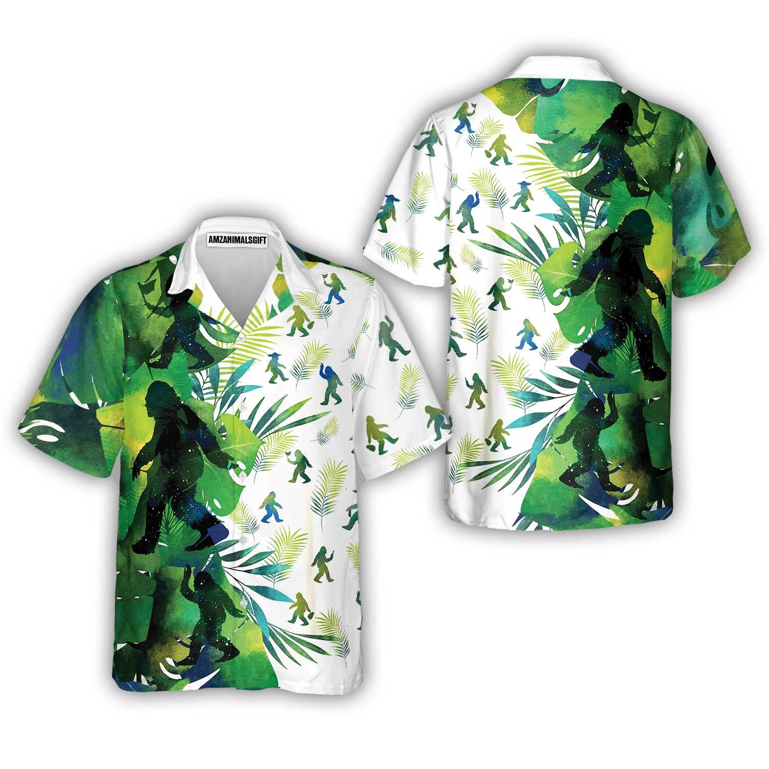 Bigfoot Silhouettes in Tropical Hawaiian Shirt, Green Sasquatch Summer Aloha Shirt For Men, Perfect Gift For Friends, Husband, Boyfriend, Family - Amzanimalsgift