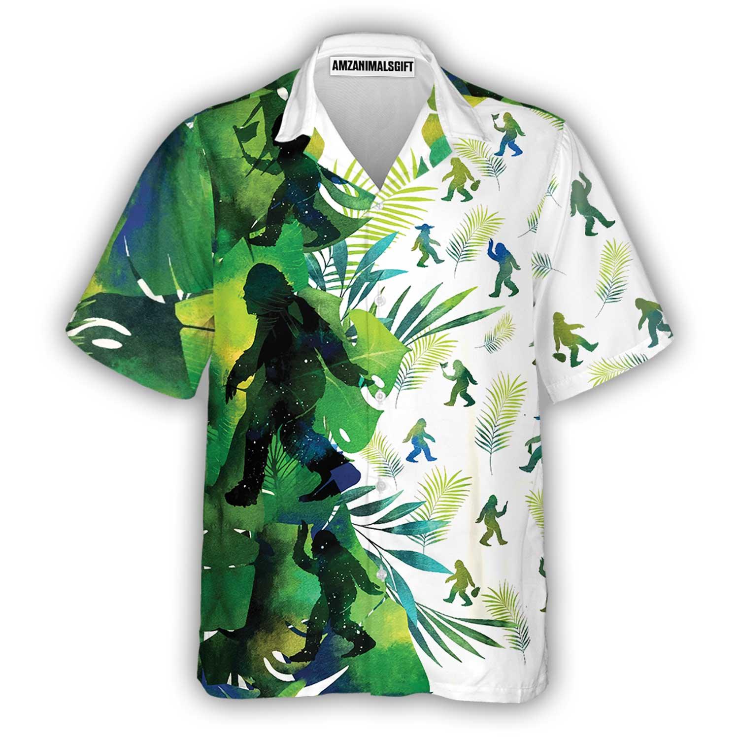 Bigfoot Silhouettes in Tropical Hawaiian Shirt, Green Sasquatch Summer Aloha Shirt For Men, Perfect Gift For Friends, Husband, Boyfriend, Family - Amzanimalsgift