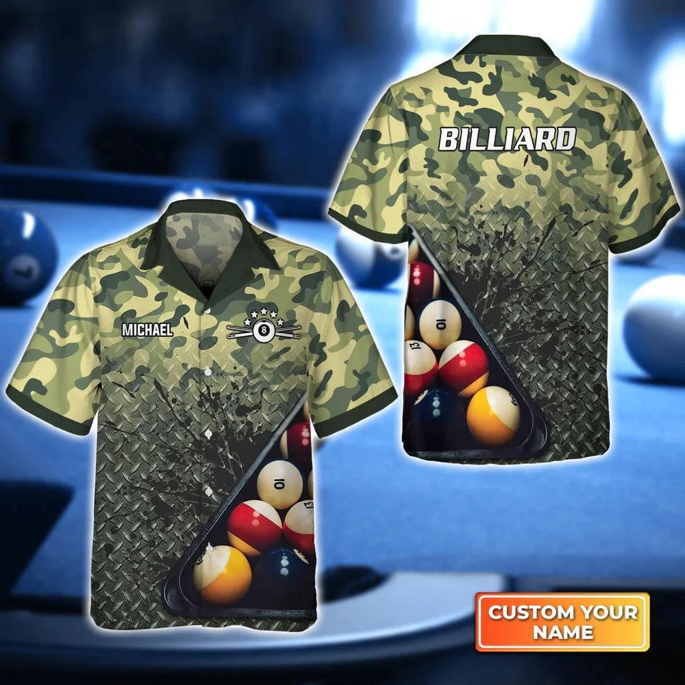 Billiard Hawaiian Shirt Custom Name, Green Camo Personalized Aloha Hawaiian Shirt For Men - Perfect Gift For Billiard Lovers, Billiard Players - Amzanimalsgift