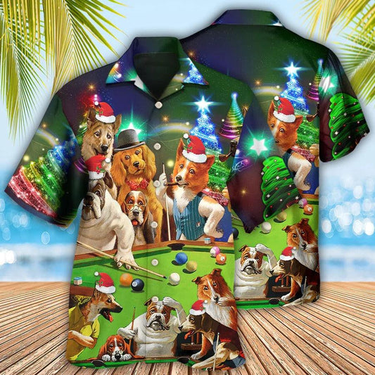 Billiard Hawaiian Shirt, Funny Dogs Aloha Hawaiian Shirt, Billiard Dogs Merry Christmas Aloha Shirt For Men - Gift For Billiard Lovers, Dog Lovers - Amzanimalsgift