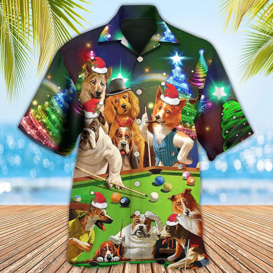 Billiard Hawaiian Shirt, Funny Dogs Aloha Hawaiian Shirt, Billiard Dogs Merry Christmas Aloha Shirt For Men - Gift For Billiard Lovers, Dog Lovers - Amzanimalsgift