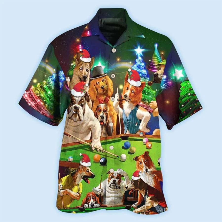 Billiard Hawaiian Shirt, Funny Dogs Aloha Hawaiian Shirt, Billiard Dogs Merry Christmas Aloha Shirt For Men - Gift For Billiard Lovers, Dog Lovers - Amzanimalsgift