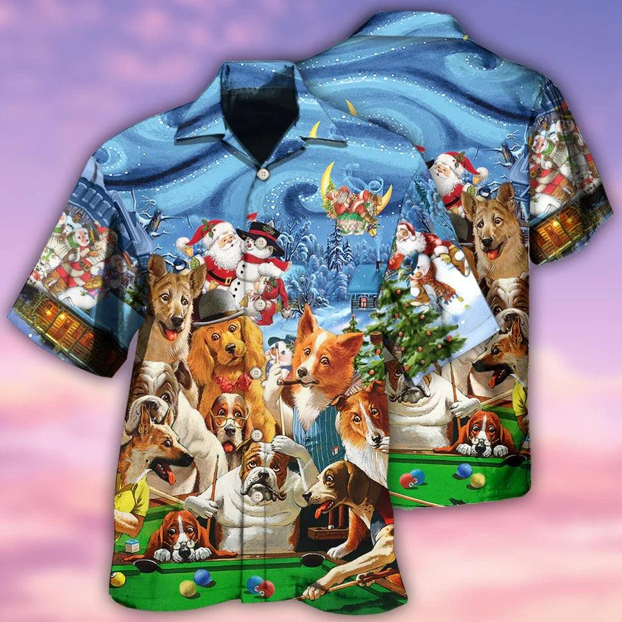 Billiard Hawaiian Shirt, Funny Dogs Aloha Hawaiian Shirt, Billiard Dogs Merry Christmas Aloha Shirt For Men - Gift For Billiard Lovers, Dog Lovers - Amzanimalsgift