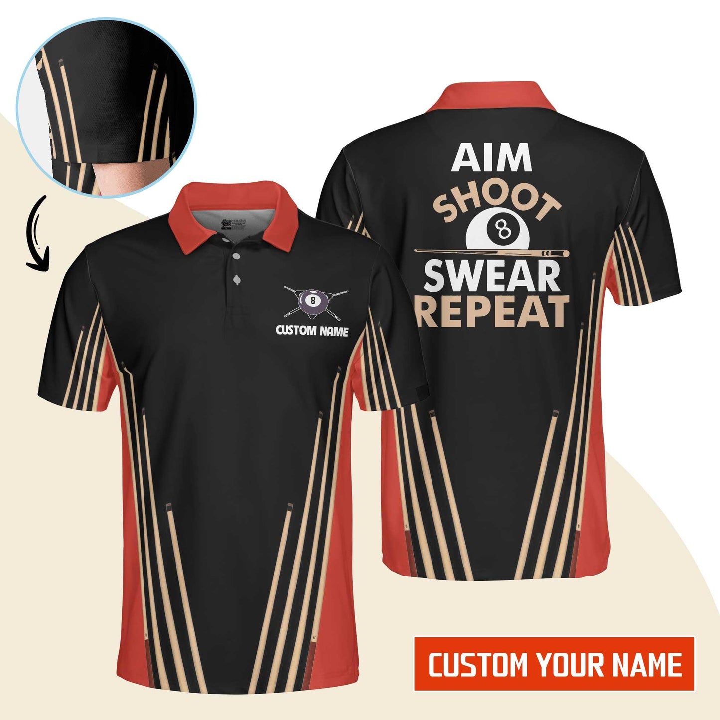 Billiard Men Polo Shirt Custom Name - Aim Shoot Swear Repeat Billiard Pool 8 Ball Personalized Polo Shirt - Gift For Billiard Players, Billiard Lovers - Amzanimalsgift