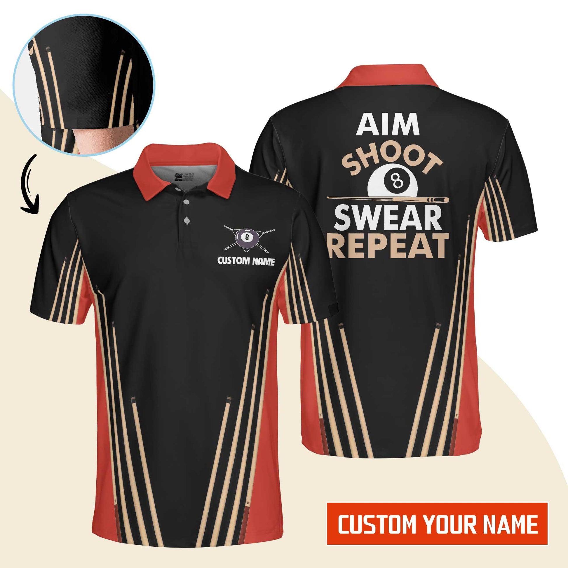 Billiard Men Polo Shirt Custom Name - Aim Shoot Swear Repeat Billiard Pool 8 Ball Personalized Polo Shirt - Gift For Billiard Players, Billiard Lovers - Amzanimalsgift