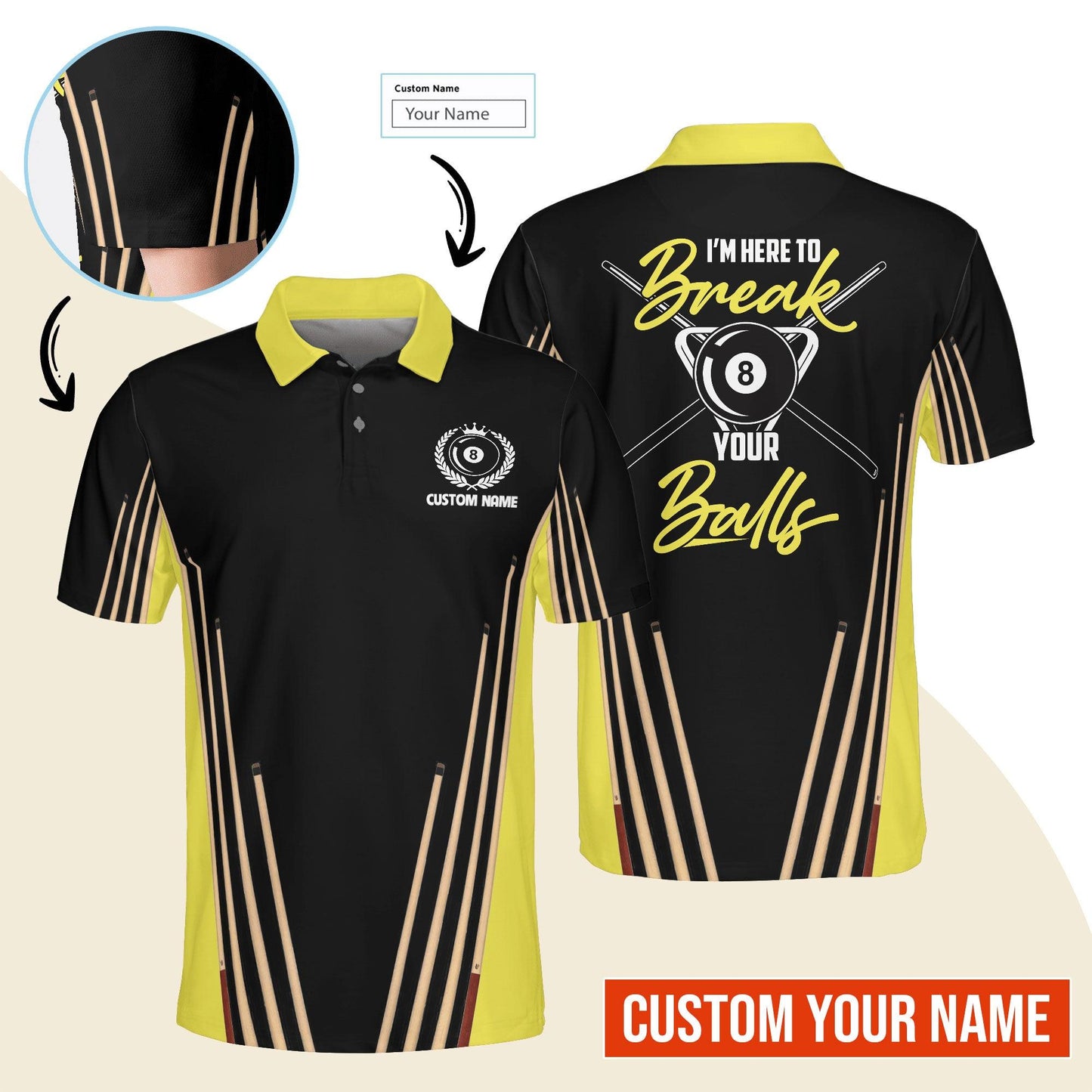 Billiard Men Polo Shirt Custom Name - Billiard Pool 8 Ball Personalized Polo Shirt For Men - Gift For Billiard Players, Billiard Lovers - Amzanimalsgift