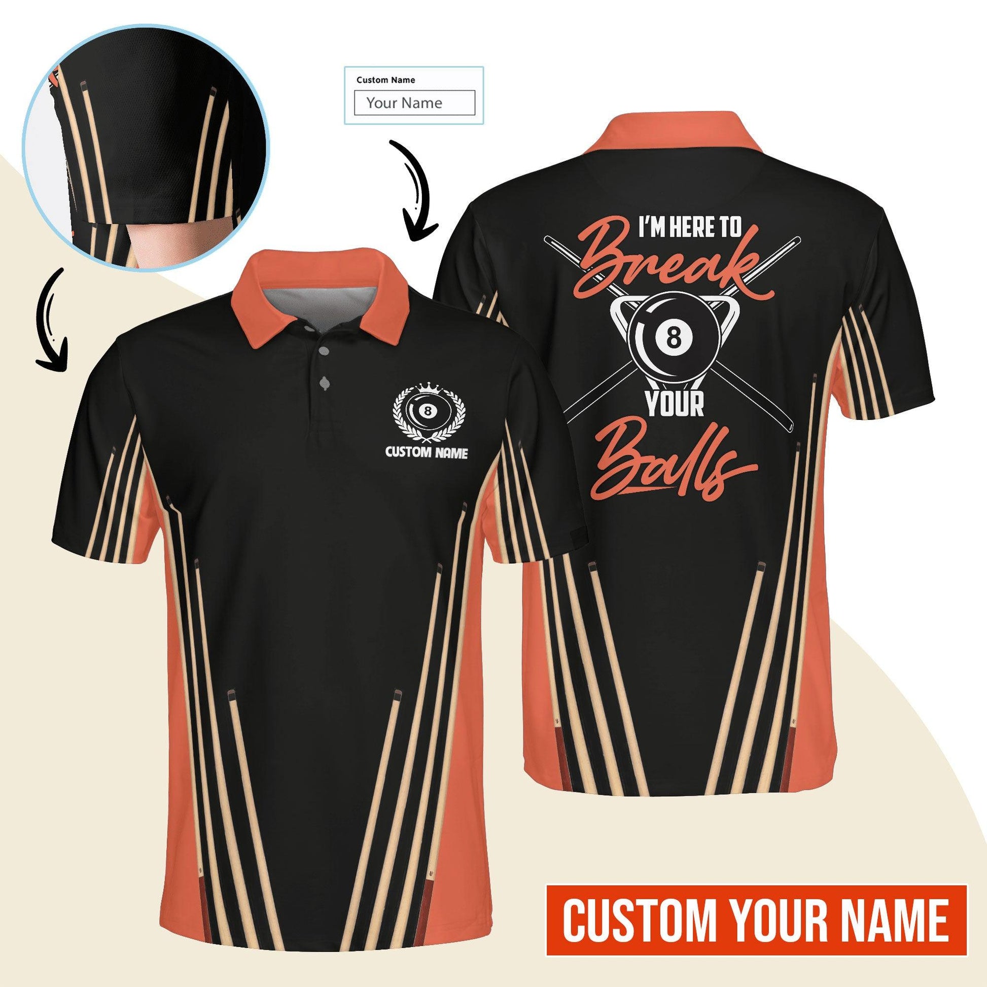 Billiard Men Polo Shirt Custom Name - Billiard Pool 8 Ball Personalized Polo Shirt For Men - Gift For Billiard Players, Billiard Lovers - Amzanimalsgift