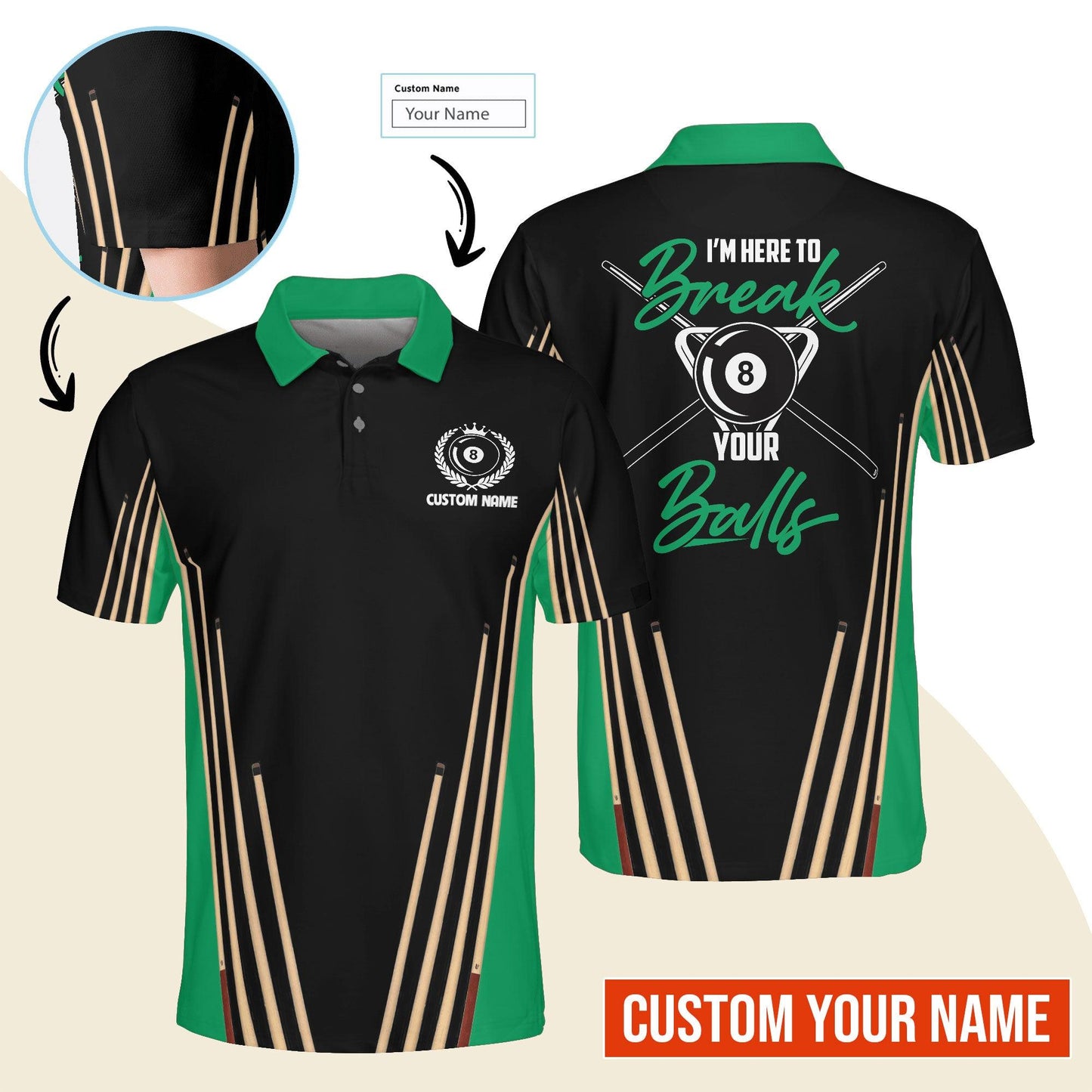 Billiard Men Polo Shirt Custom Name - Billiard Pool 8 Ball Personalized Polo Shirt For Men - Gift For Billiard Players, Billiard Lovers - Amzanimalsgift