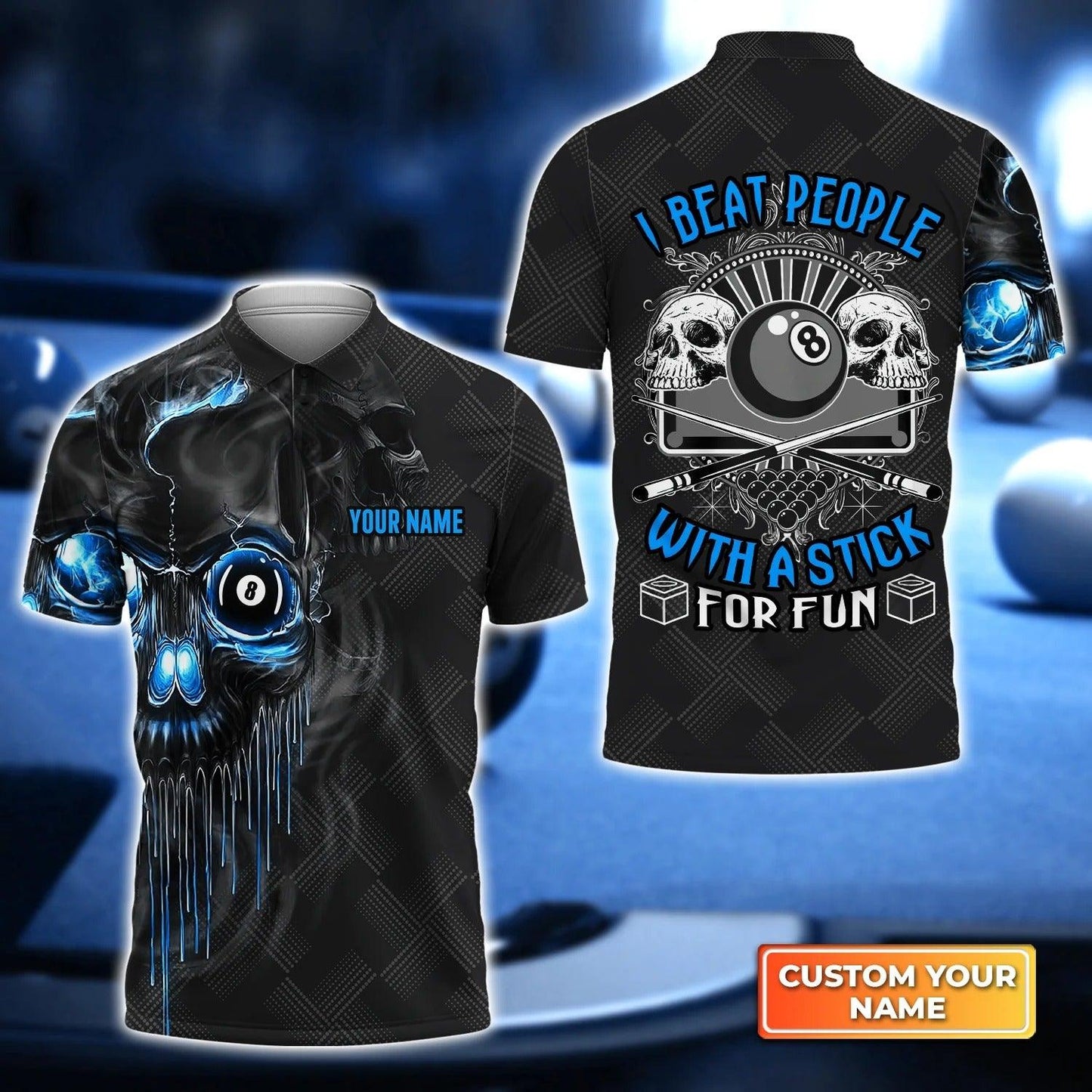 Billiard Men Polo Shirt Custom Name - Blue Skull Pool 8 Ball I Beat People With A Stick For Fun Personalized Polo Shirt For Men - Gift For Billiard Players, Friend, Family - Amzanimalsgift