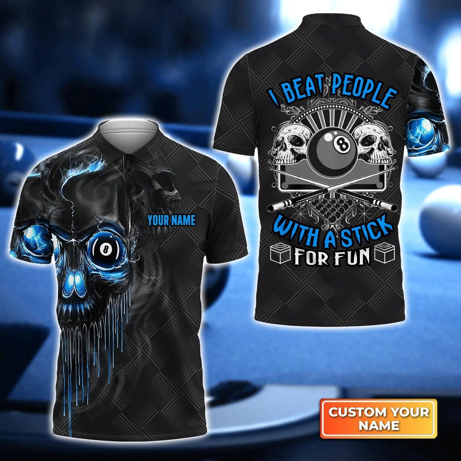 Billiard Men Polo Shirt Custom Name - Blue Skull Pool 8 Ball I Beat People With A Stick For Fun Personalized Polo Shirt For Men - Gift For Billiard Players, Friend, Family - Amzanimalsgift