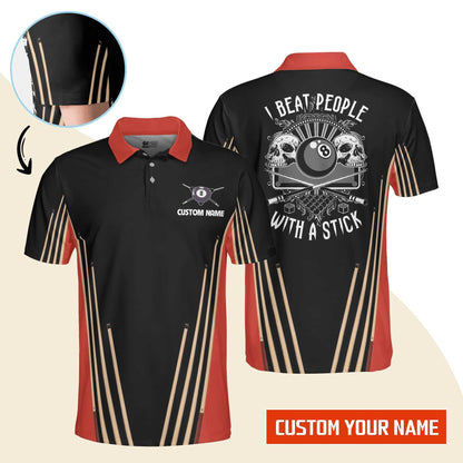 Billiard Men Polo Shirt Custom Name - I Beat People With A Stick Billiard Pool 8 Ball Personalized Polo Shirt - Gift For Billiard Players, Billiard Lovers - Amzanimalsgift