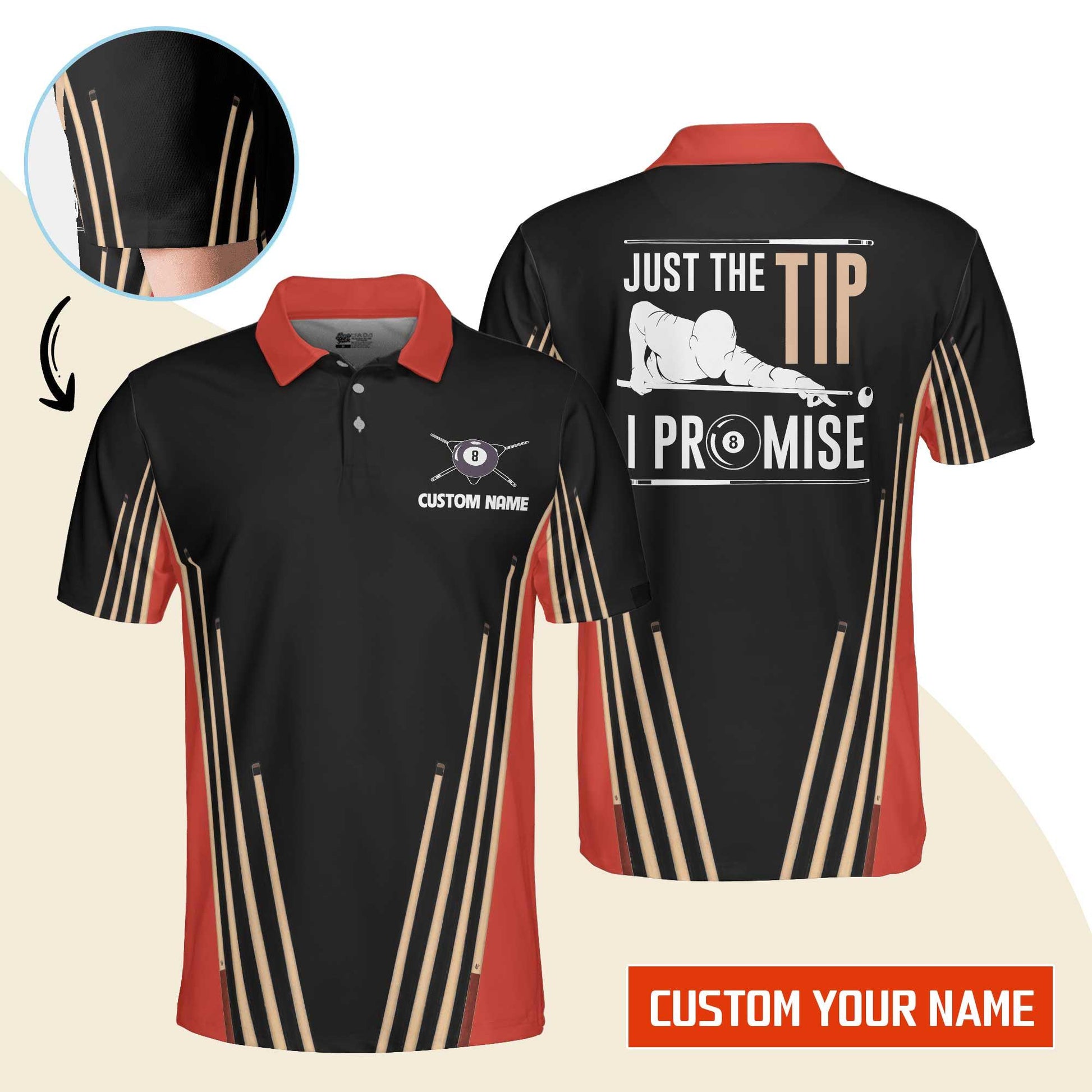 Billiard Men Polo Shirt Custom Name - Just The Tip I Promise Billiard Pool 8 Ball Personalized Polo Shirt - Gift For Billiard Players, Billiard Lovers - Amzanimalsgift