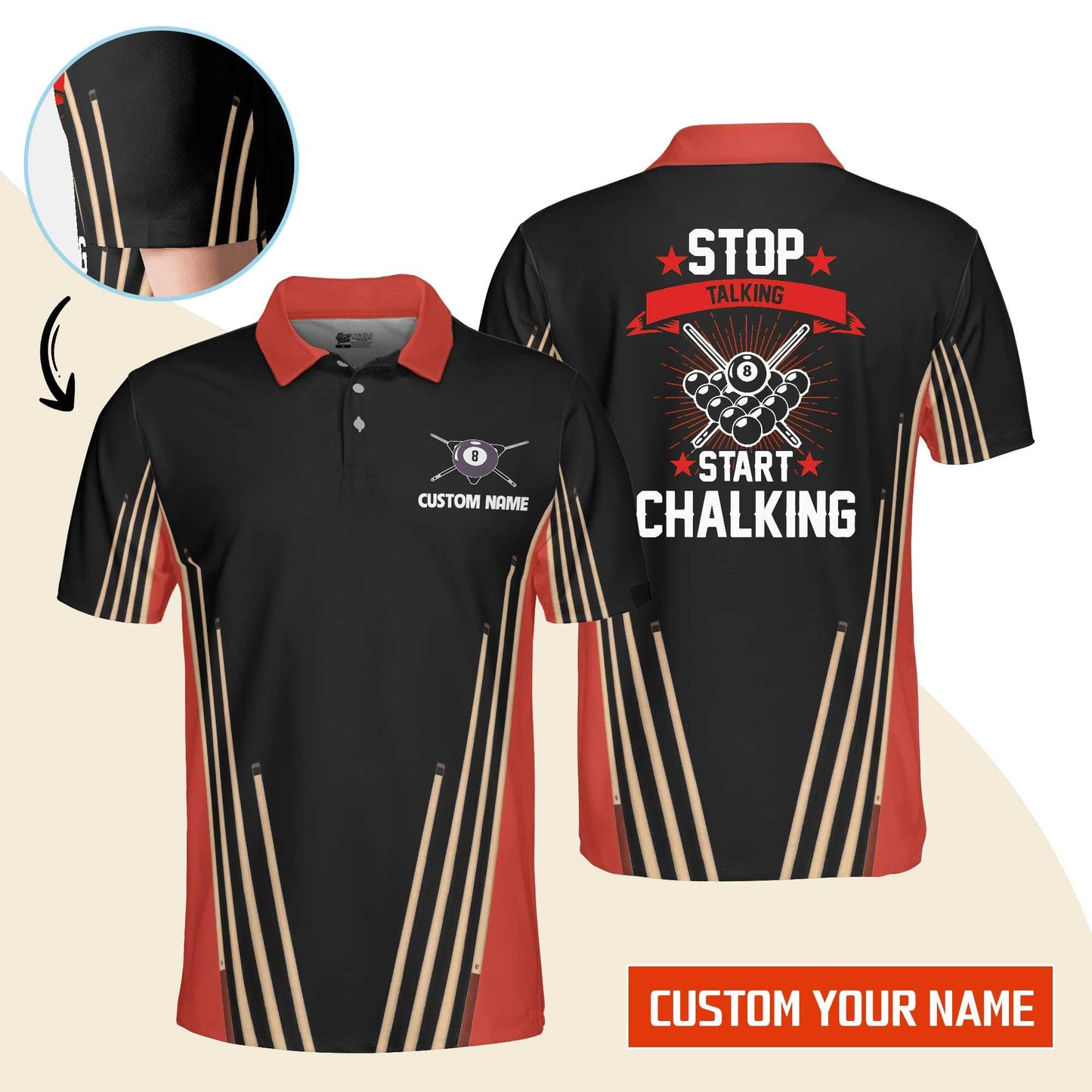 Billiard Men Polo Shirt Custom Name - Stop Talking Start Chalking Billiard Pool 8 Ball Personalized Polo Shirt - Gift For Billiard Players, Billiard Lovers - Amzanimalsgift