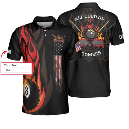 Billiards Custom Name Men Polo Shirt, All Cued Up Boomers, Billiard Fire 8 Ball USA Flag Personalized Men Polo Shirts, Gift For Billiards Lovers - Amzanimalsgift