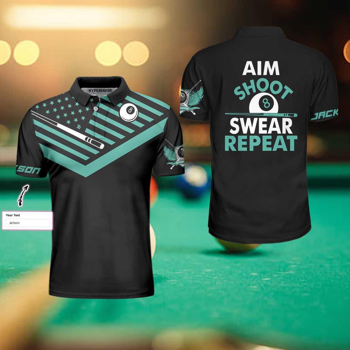 Billiards Customized Name Men Polo Shirt, Aim Shoot Swear Repeat Billiards Men Polo Shirt, Personalized American Flag Billiards Polo Shirts For Billiards Lovers - Amzanimalsgift