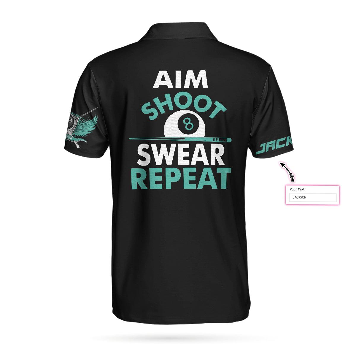 Billiards Customized Name Men Polo Shirt, Aim Shoot Swear Repeat Billiards Men Polo Shirt, Personalized American Flag Billiards Polo Shirts For Billiards Lovers - Amzanimalsgift