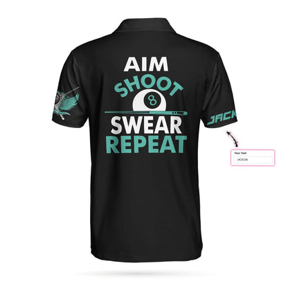 Billiards Customized Name Men Polo Shirt, Aim Shoot Swear Repeat Billiards Men Polo Shirt, Personalized American Flag Billiards Polo Shirts For Billiards Lovers - Amzanimalsgift