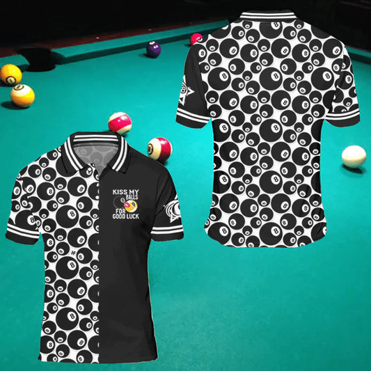 Billiards Men Polo Shirt, 8 Ball Pool Billiards Polo Shirts, Kiss My Balls For Good Luck Polo Shirt, Gift For Billiard Players, Billiards Lovers - Amzanimalsgift