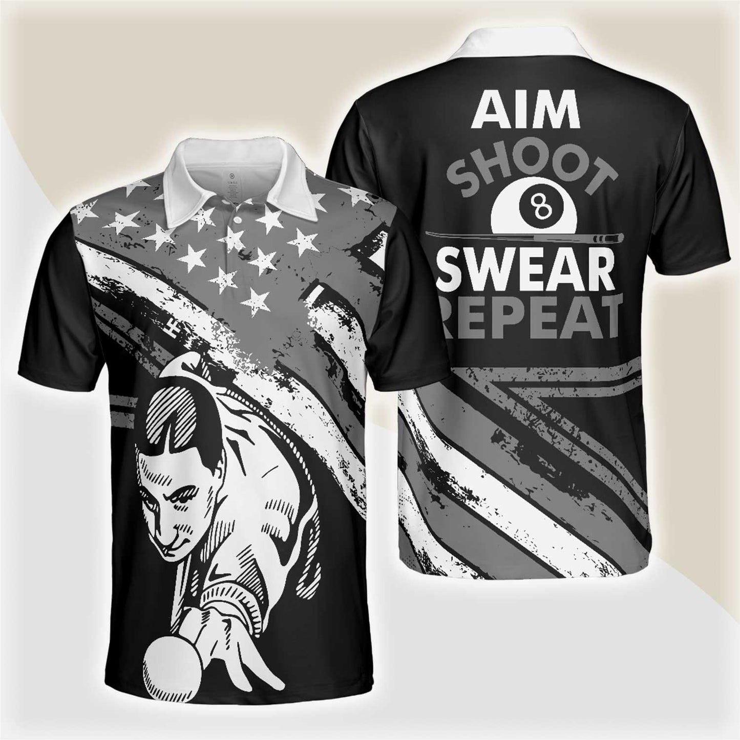 Billiards Men Polo Shirt, Aim Shoot Swear Repeat, American Flag Pattern Billiards Polo Shirt For Men - Gift For Billiards Lovers, Billiards Players - Amzanimalsgift