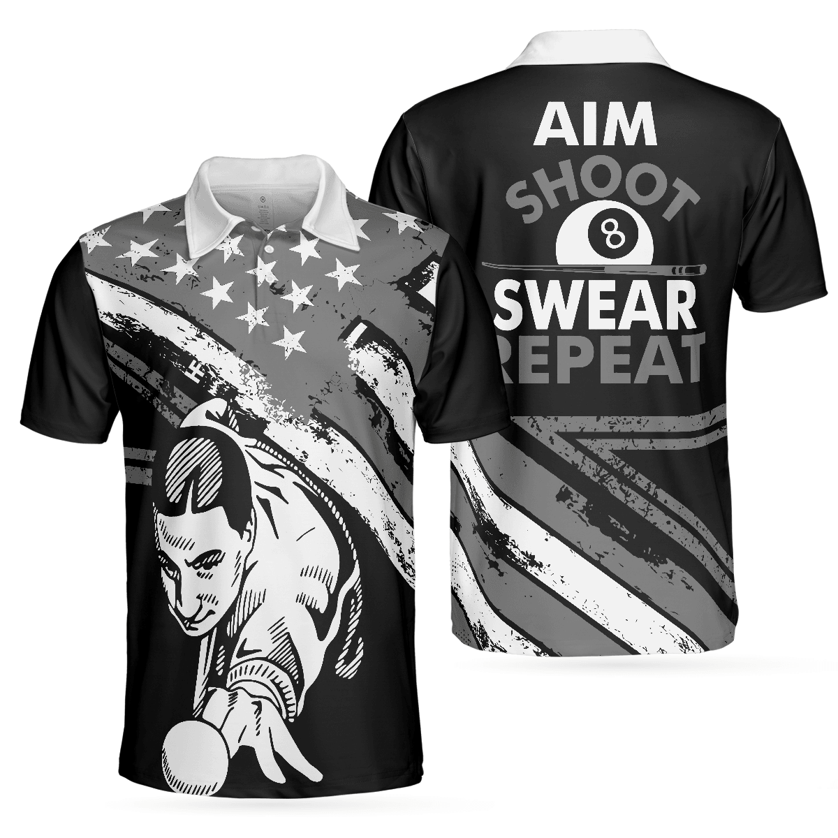 Billiards Men Polo Shirt, Aim Shoot Swear Repeat, American Flag Pattern Billiards Polo Shirt For Men - Gift For Billiards Lovers, Billiards Players - Amzanimalsgift