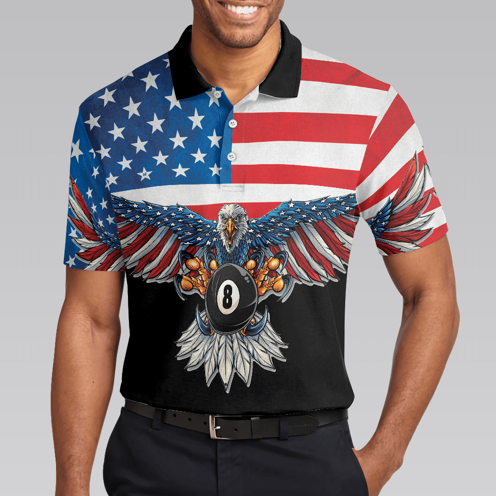 Billiards Men Polo Shirt, American Eagle Pool Mascot, Cool American Flag Billiards Shirt For Men, Best Billiards Gift Idea, Gift For Billiards Lovers - Amzanimalsgift