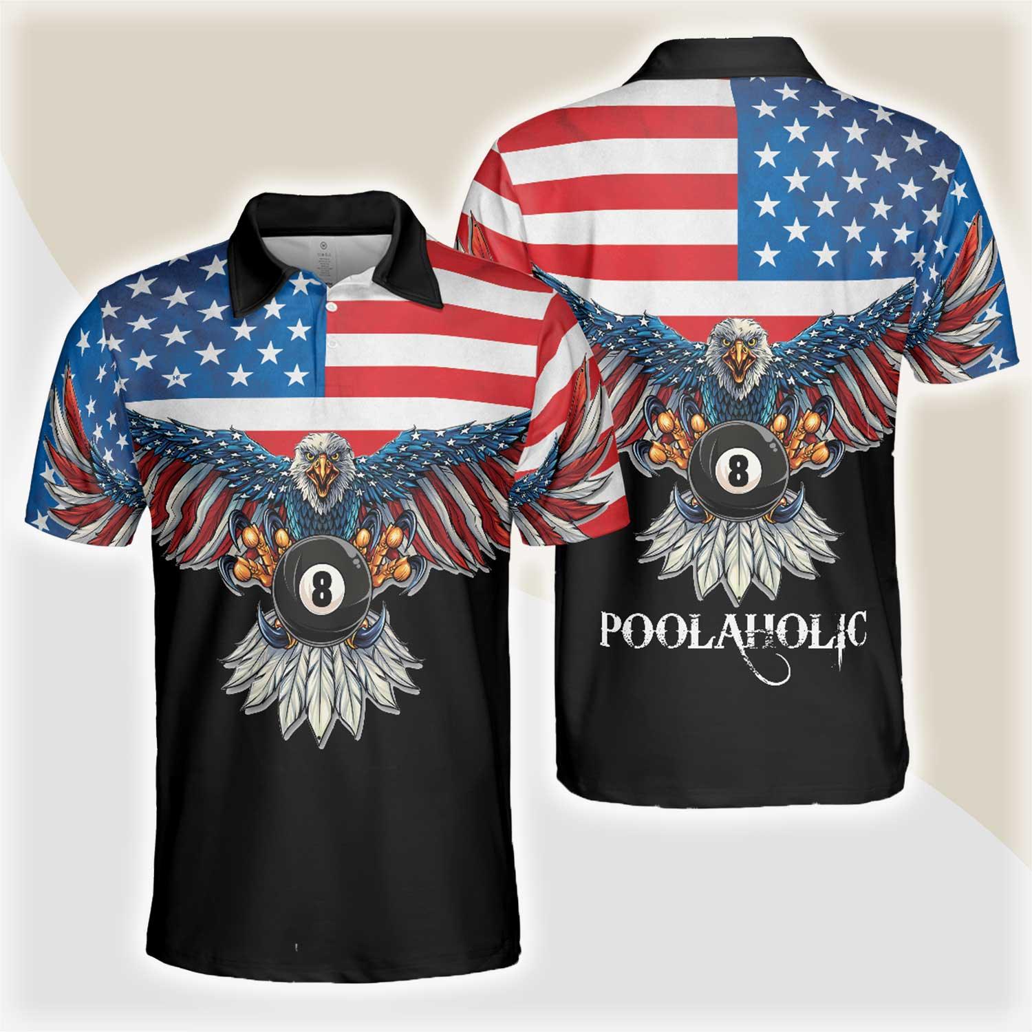 Billiards Men Polo Shirt, American Eagle Poolaholic, Cool American Flag Billiards Shirt For Men, Best Billiards Gift Idea, Gift For Billiards Lovers - Amzanimalsgift