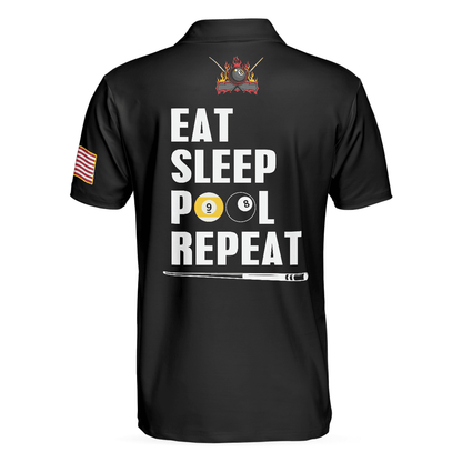 Billiards Men Polo Shirt, American Flag, Billiards Ball Flame, Eat Sleep Pool Repeat, 8 Ball Pool Billiards Polo Shirts, Gift For Billiards Lovers - Amzanimalsgift