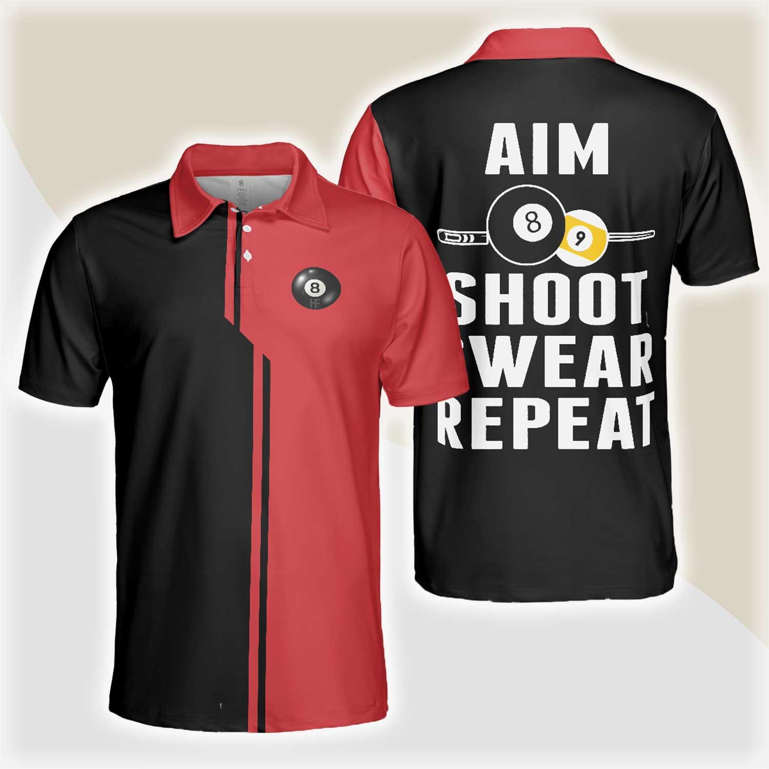 Billiards Men Polo Shirt, Black And Red Billiards Polo Shirt, Aim Shoot Swear Repeat Shirt For Men, Gift For Billiards Lovers, Billiards Players - Amzanimalsgift