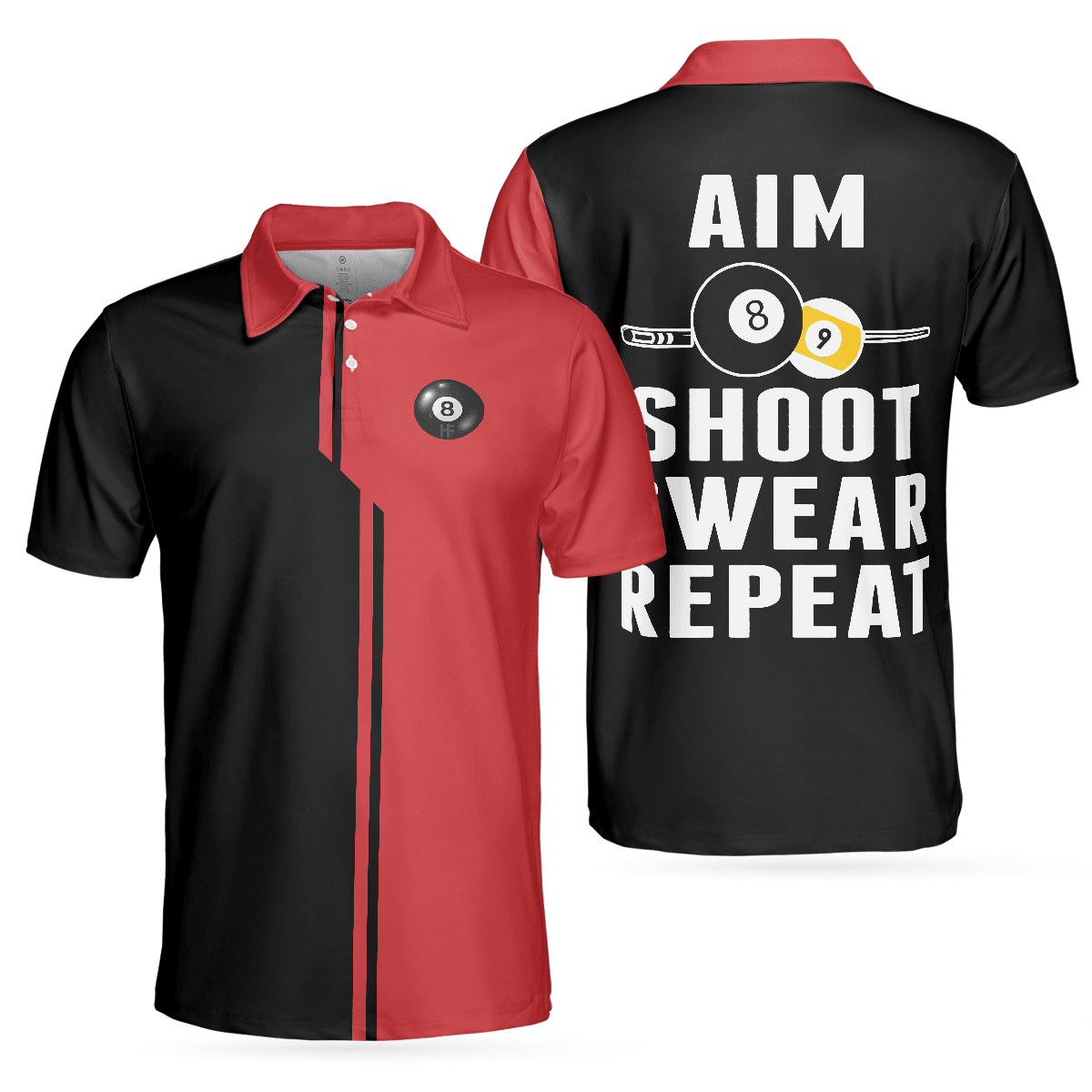 Billiards Men Polo Shirt, Black And Red Billiards Polo Shirt, Aim Shoot Swear Repeat Shirt For Men, Gift For Billiards Lovers, Billiards Players - Amzanimalsgift