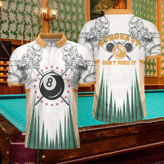 Billiards Polo Shirt, Stroke It Don't Poke It Billiards Polo Shirt, 8-ball Texas Cowgirl Sketching Polo Shirt - Perfect Gift For Men, Billiard Lover - Amzanimalsgift