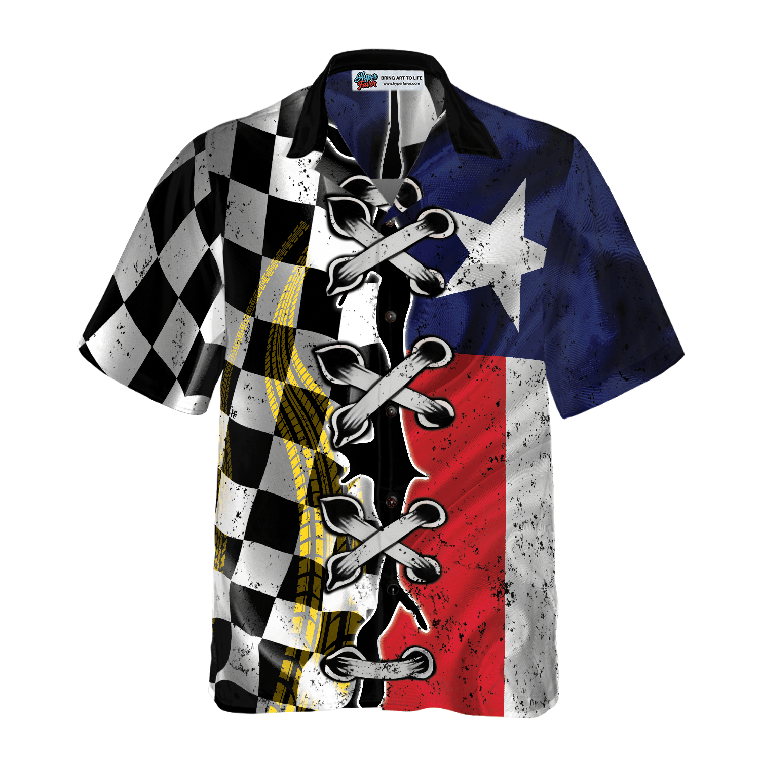 Black And White Texas Racing Flag Aloha Hawaiian Shirt For Summer, Colorful Hawaiian Shirt Outfit For Men Women, Gift For Friend, Team, Racing Lover - Amzanimalsgift