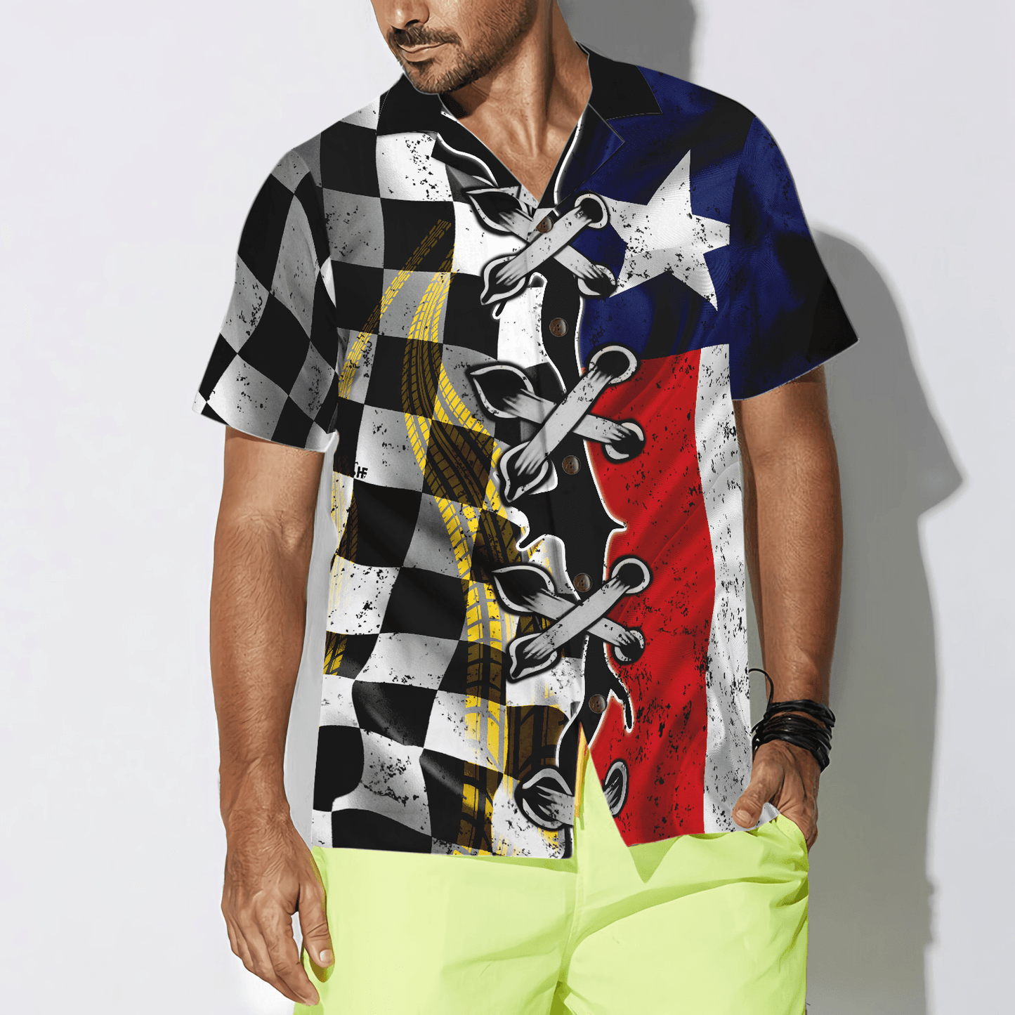 Black And White Texas Racing Flag Aloha Hawaiian Shirt For Summer, Colorful Hawaiian Shirt Outfit For Men Women, Gift For Friend, Team, Racing Lover - Amzanimalsgift