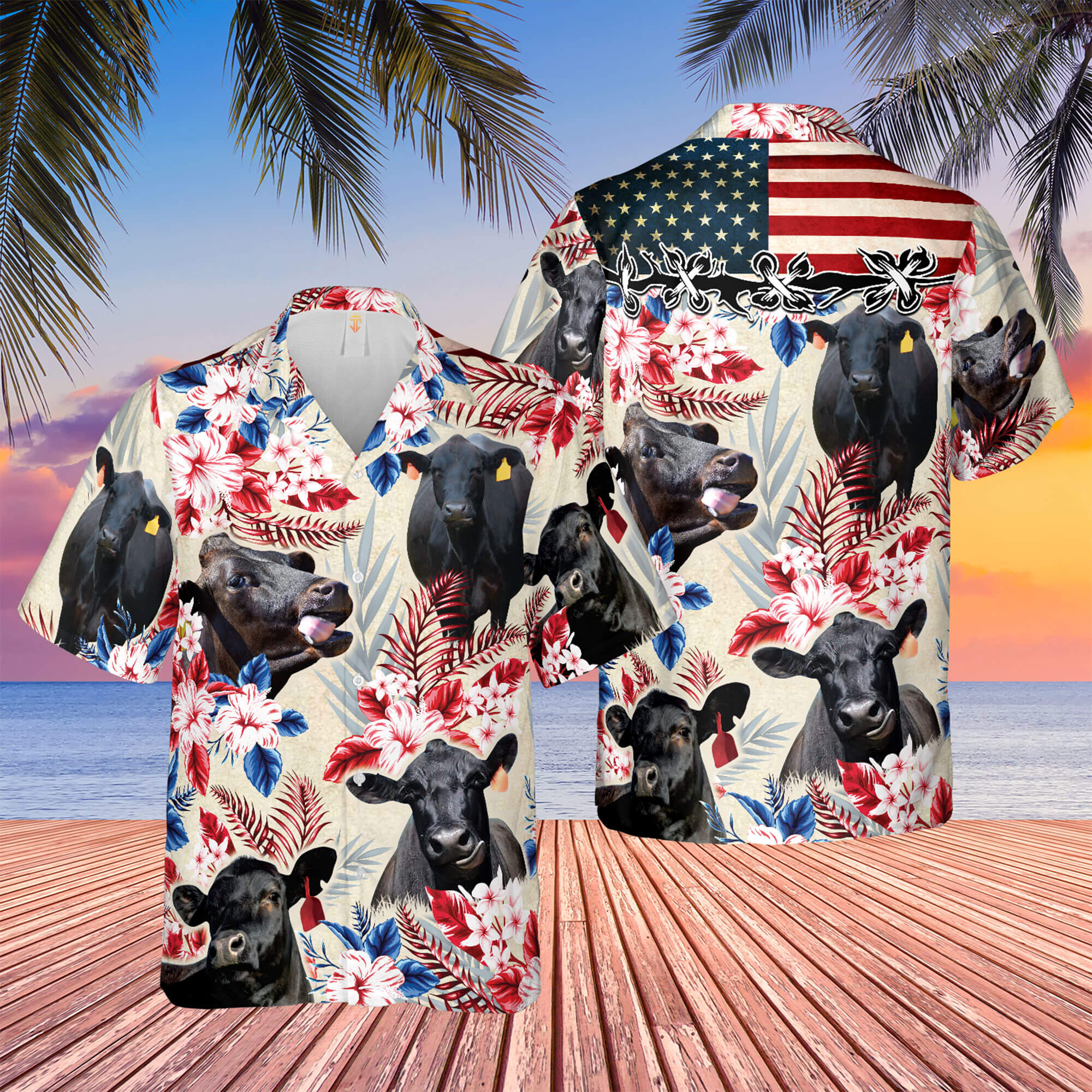 Black Angus American Flag Hawaiian Flowers Aloha Shirt For Men Women, Perfect Outfit For Farmer, Angus Lovers