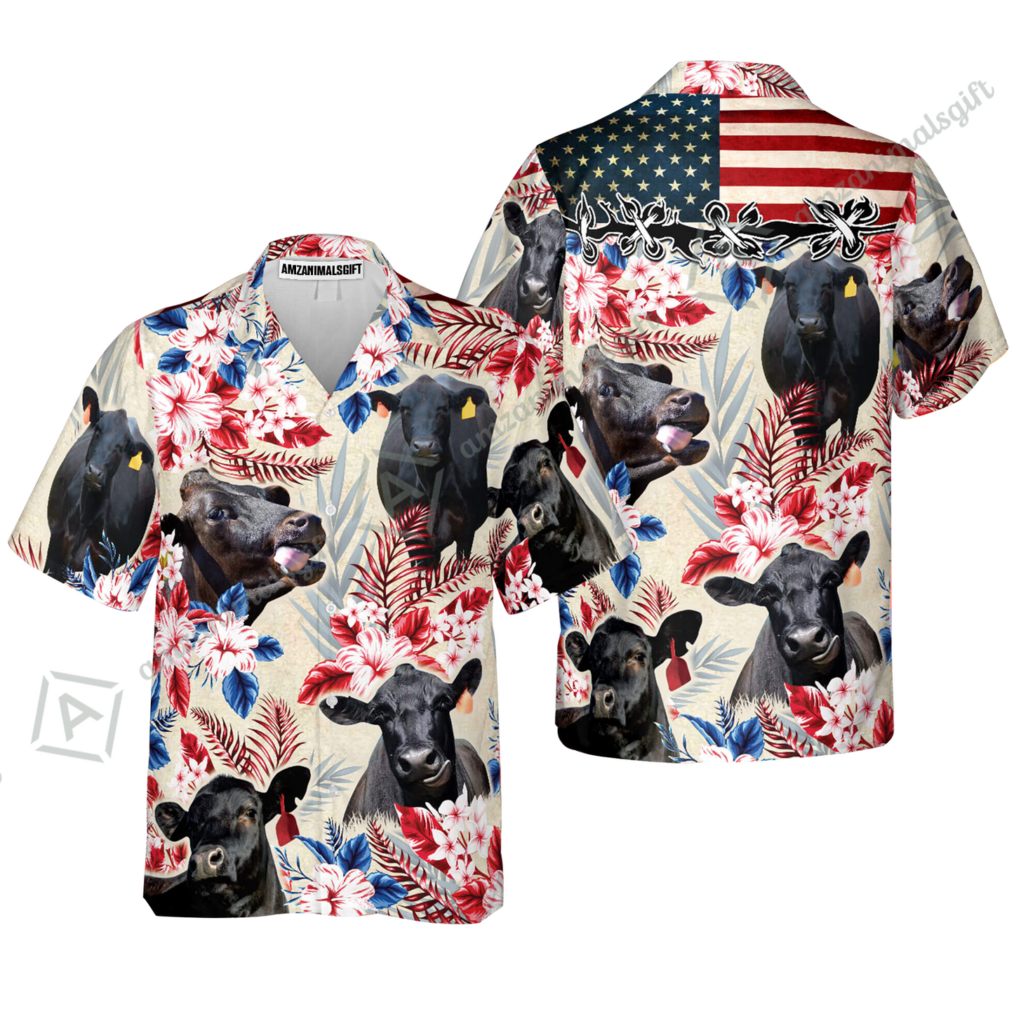 Black Angus American Flag Hawaiian Flowers Aloha Shirt For Men Women, Perfect Outfit For Farmer, Angus Lovers