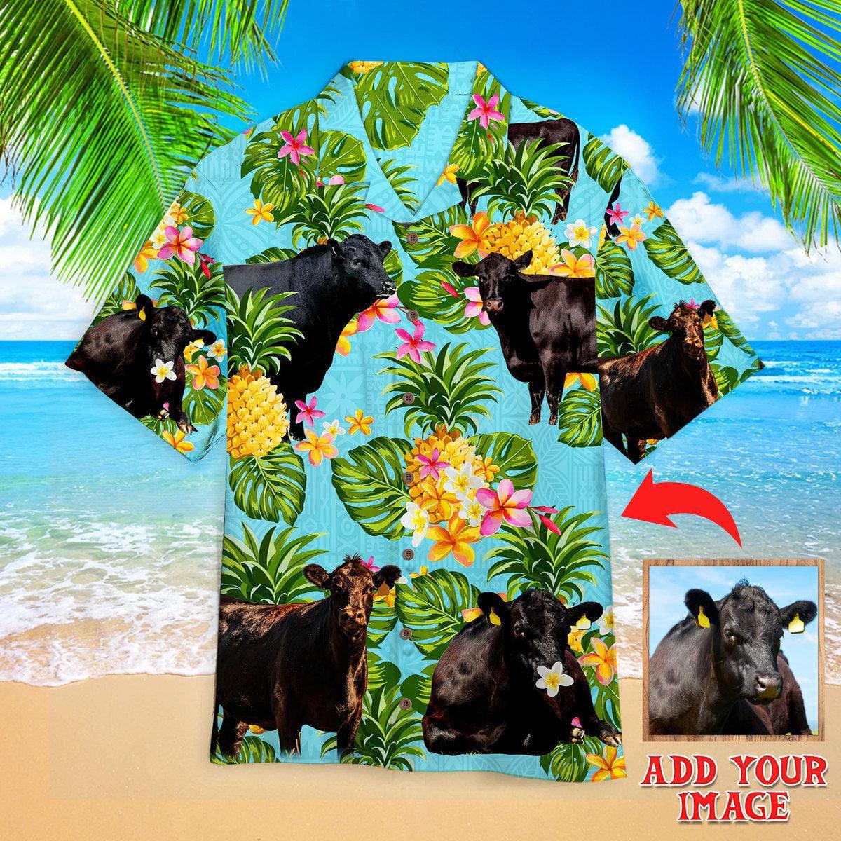 Black Angus Cattle Custom Hawaiian Shirt, Personalized Hawaiian Shirts, Custom Photo Hawaiian Shirt - Gift For Family, Friends - Amzanimalsgift