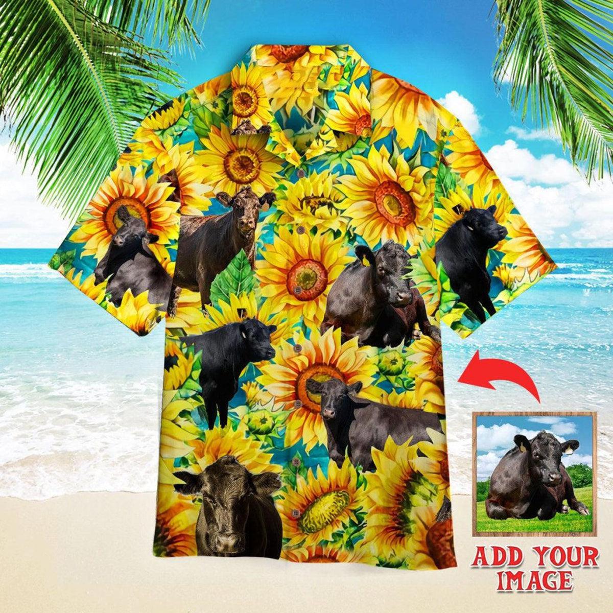 Black Angus Cattle Lovers Sunflower Watercolor Custom Aloha Shirt, Personalized Hawaiian Shirt, Custom Photo Hawaiian Shirt - Gift For Family, Friends - Amzanimalsgift