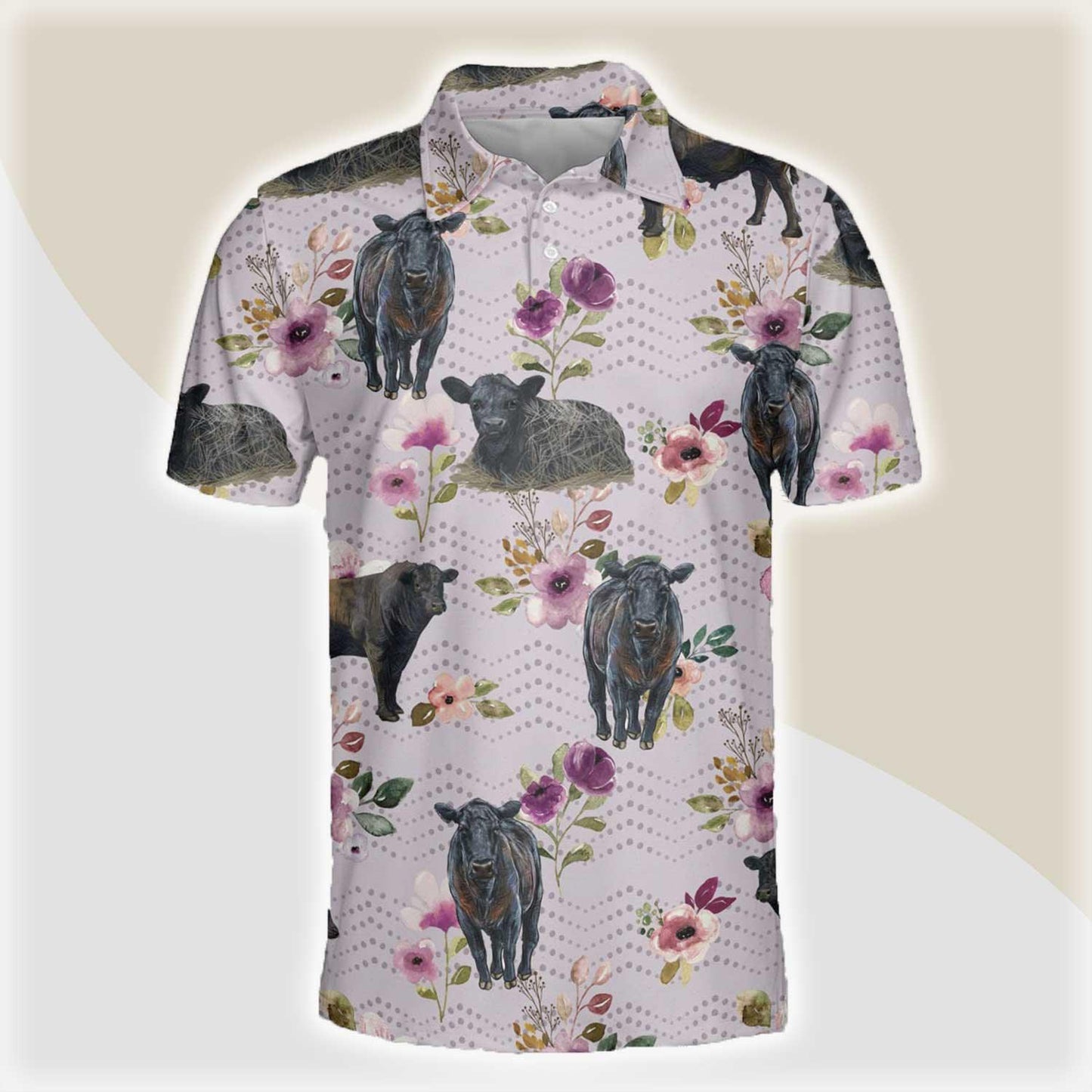 Black Angus Men Polo Shirts - Black Angus Autumn Amethyst Boho Floral Pattern Button Shirts For Men - Perfect Gift For Black Angus Lovers, Cattle Lovers - Amzanimalsgift