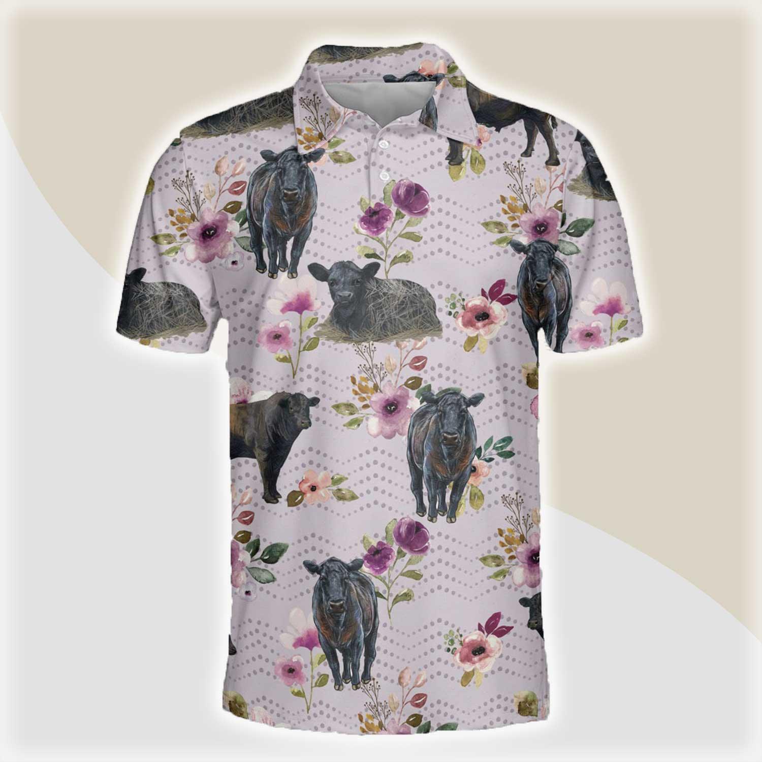 Black Angus Men Polo Shirts - Black Angus Autumn Amethyst Boho Floral Pattern Button Shirts For Men - Perfect Gift For Black Angus Lovers, Cattle Lovers - Amzanimalsgift
