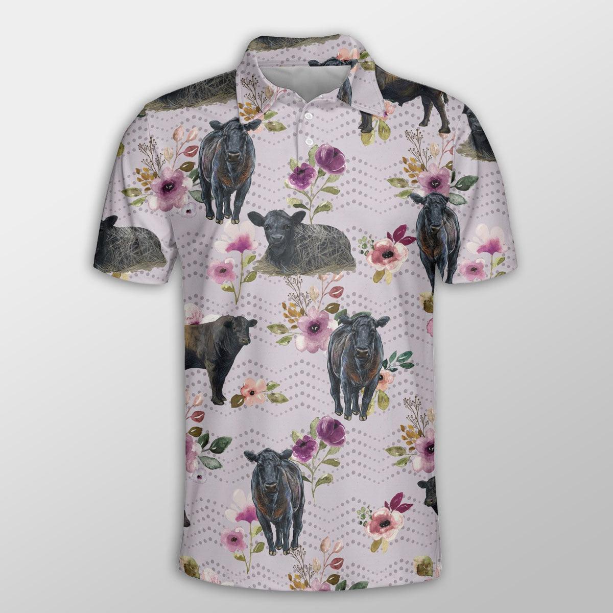 Black Angus Men Polo Shirts - Black Angus Autumn Amethyst Boho Floral Pattern Button Shirts For Men - Perfect Gift For Black Angus Lovers, Cattle Lovers - Amzanimalsgift