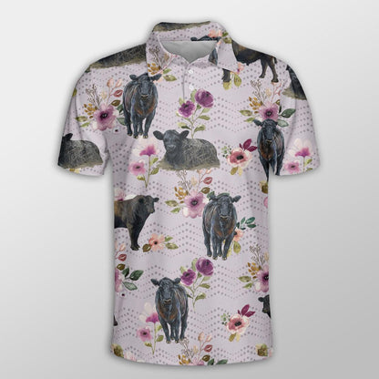 Black Angus Men Polo Shirts - Black Angus Autumn Amethyst Boho Floral Pattern Button Shirts For Men - Perfect Gift For Black Angus Lovers, Cattle Lovers - Amzanimalsgift