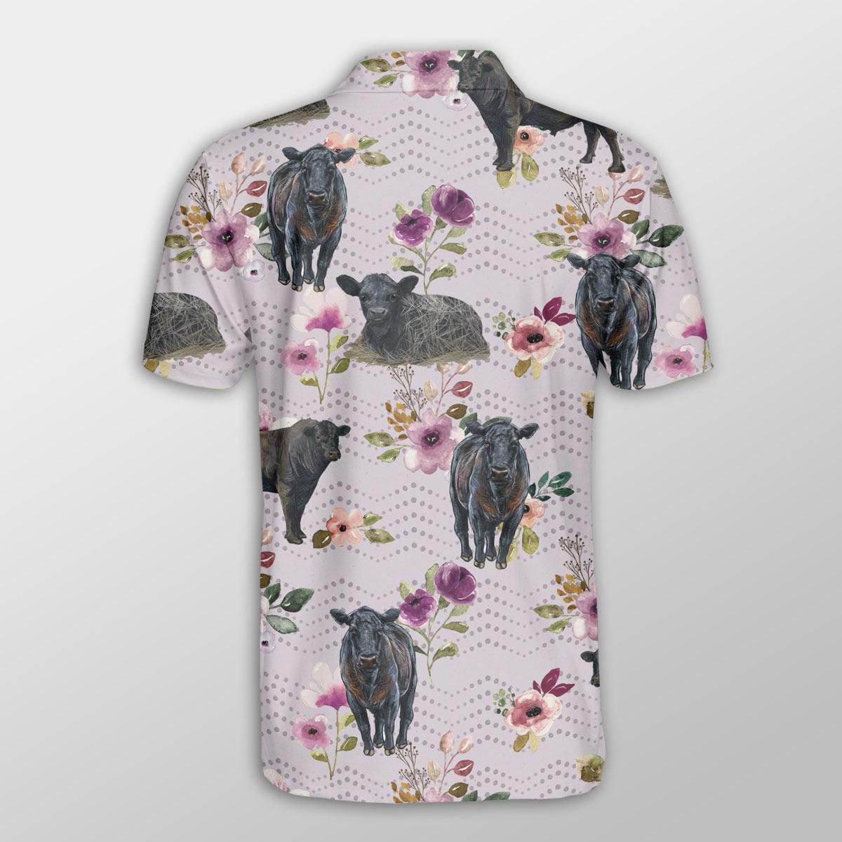 Black Angus Men Polo Shirts - Black Angus Autumn Amethyst Boho Floral Pattern Button Shirts For Men - Perfect Gift For Black Angus Lovers, Cattle Lovers - Amzanimalsgift