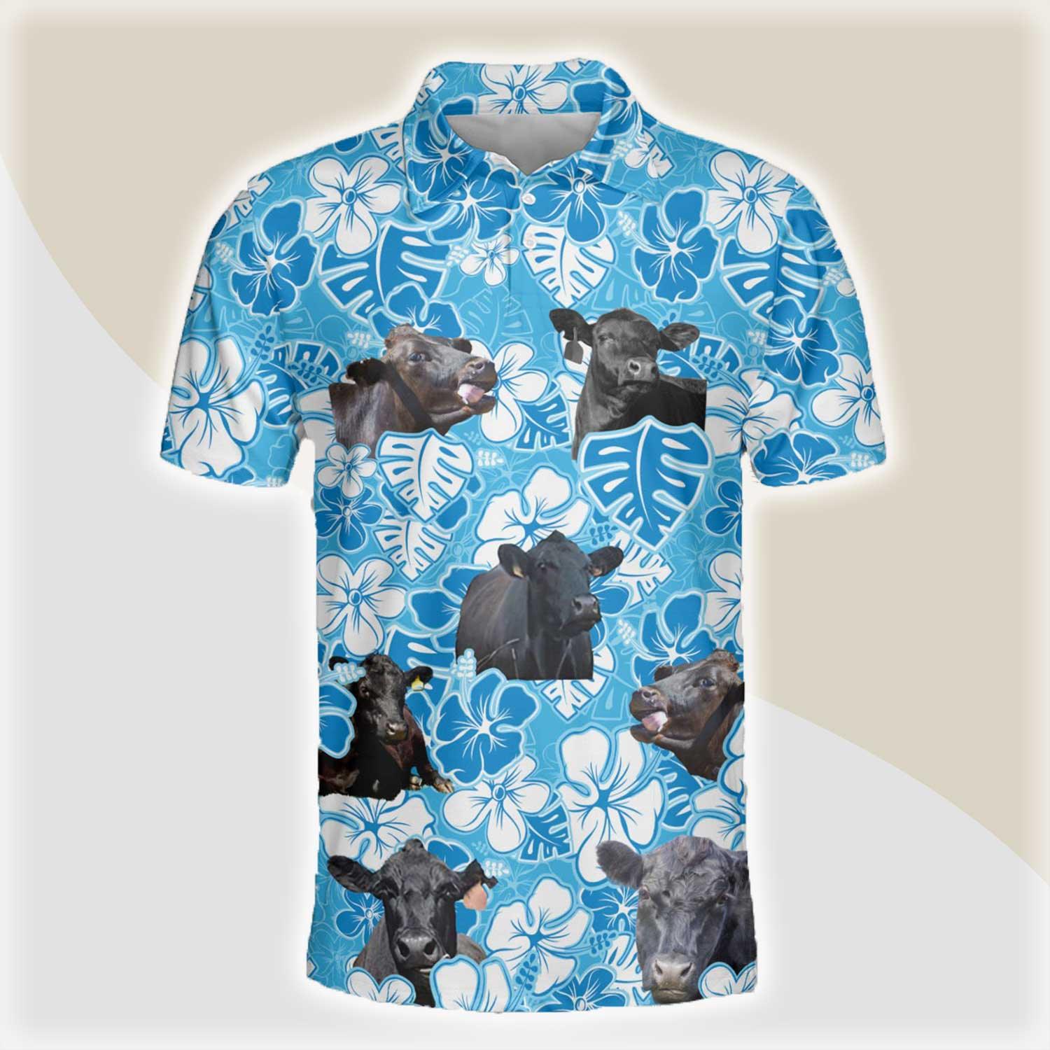 Black Angus Men Polo Shirts - Black Angus Blue Floral Pattern Button Shirts For Men - Perfect Gift For Black Angus Lovers, Cattle Lovers - Amzanimalsgift