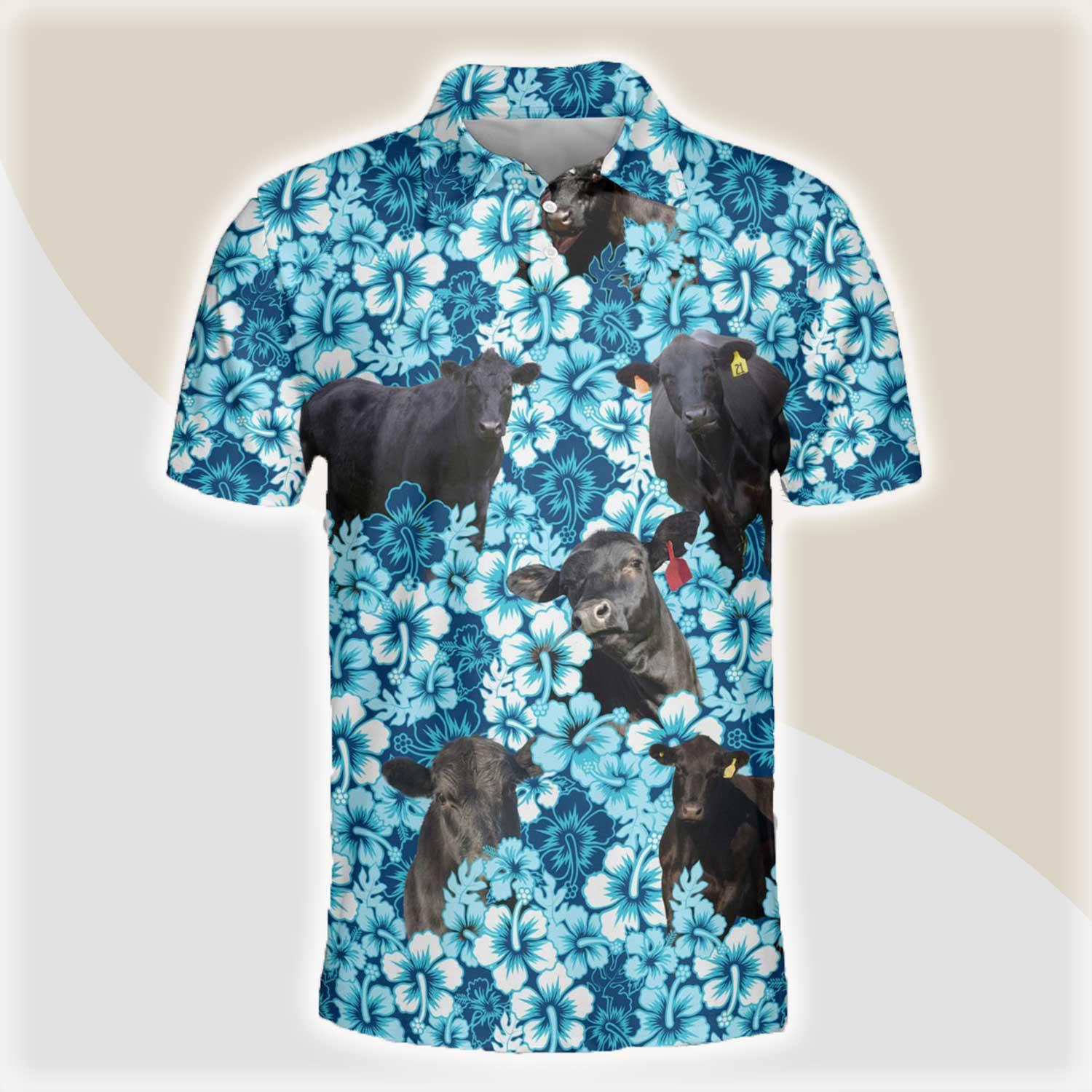 Black Angus Men Polo Shirts - Black Angus Blue Hibiscus Pattern Button Shirts For Men - Perfect Gift For Black Angus Lovers, Cattle Lovers - Amzanimalsgift