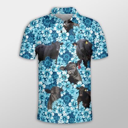 Black Angus Men Polo Shirts - Black Angus Blue Hibiscus Pattern Button Shirts For Men - Perfect Gift For Black Angus Lovers, Cattle Lovers - Amzanimalsgift