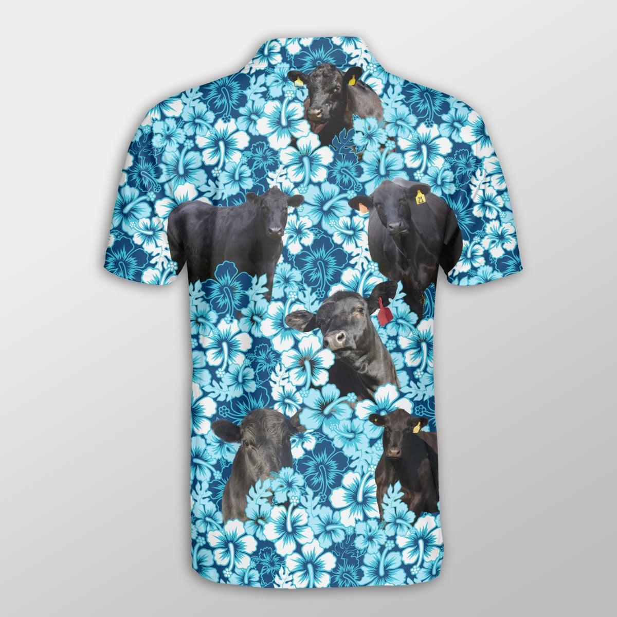 Black Angus Men Polo Shirts - Black Angus Blue Hibiscus Pattern Button Shirts For Men - Perfect Gift For Black Angus Lovers, Cattle Lovers - Amzanimalsgift