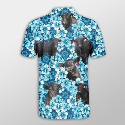 Black Angus Men Polo Shirts - Black Angus Blue Hibiscus Pattern Button Shirts For Men - Perfect Gift For Black Angus Lovers, Cattle Lovers - Amzanimalsgift